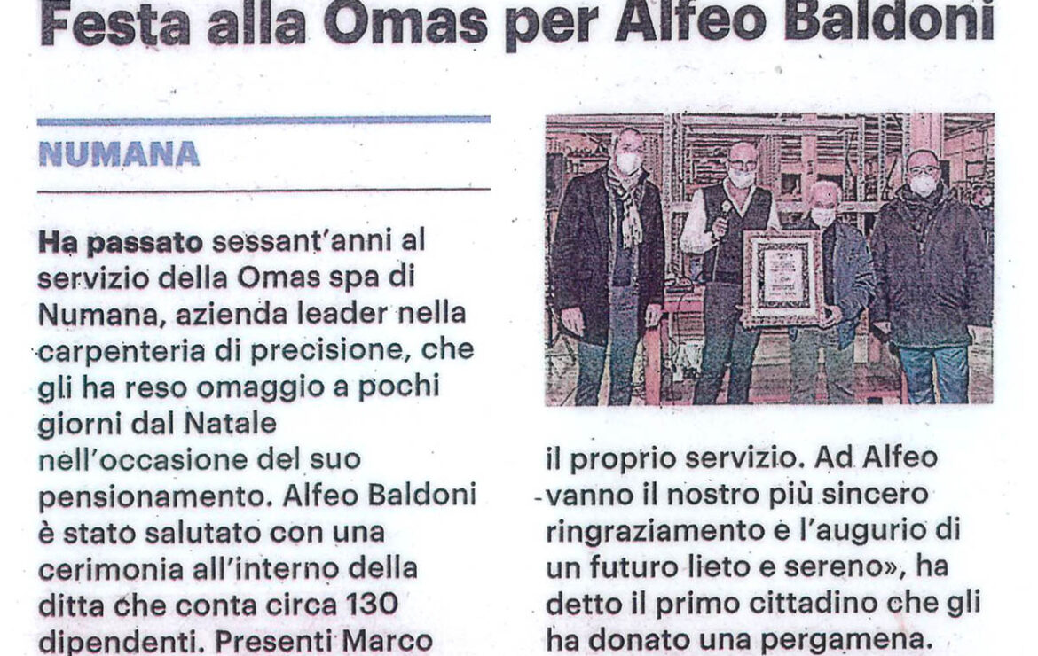 In pensione dopo 60 anni di lavoro – Festa Omas per Alfeo Baldoni