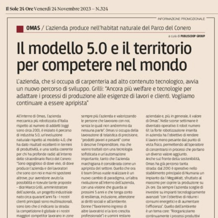 Il Sole 24 Ore – Il modello 5.0 e il territorio per competere nel mondo