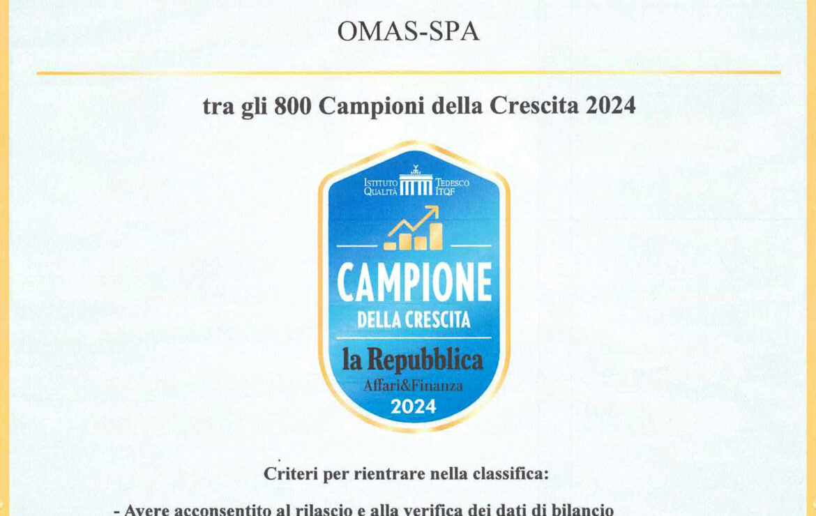 Attestato “Campioni della crescita 2024”